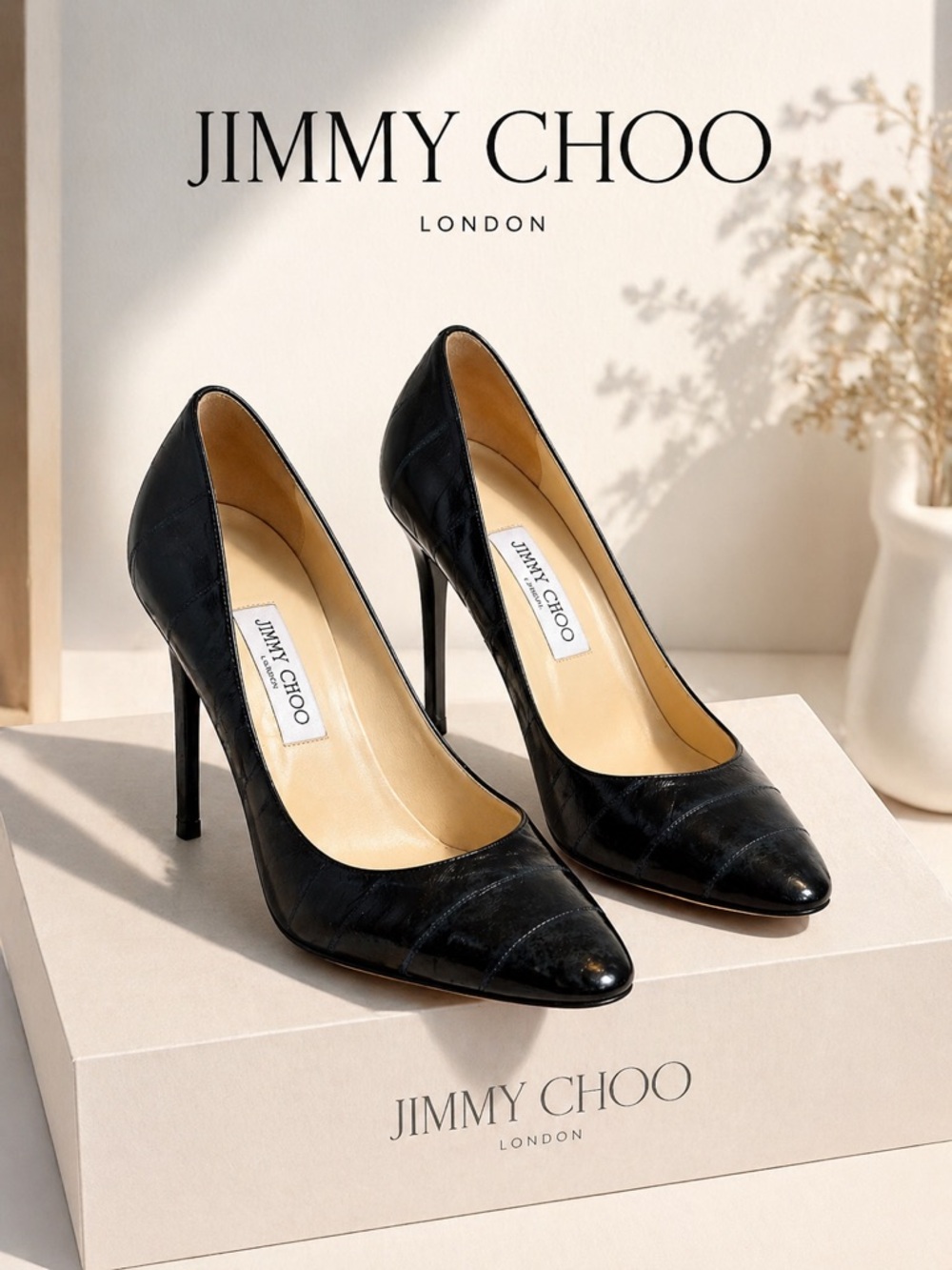 Jimmy Choo Dark Blue Eel-Effect Embossed Leather Pumps Heels Y2K Size 39